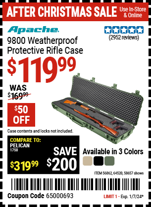 Buy the APACHE 9800 Weatherproof Protective Rifle Case (Item 64520) for $119.99, valid through 1/7/24.