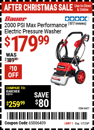 Buy the BAUER 2000 PSI Max Performance Electric Pressure Washer (Item 56877) for $179.99, valid through 1/7/24.