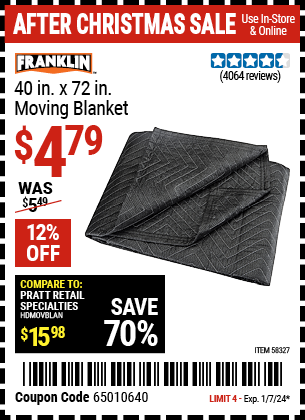 Buy the FRANKLIN 40 in. x 72 in. Moving Blanket (Item 58327) for $4.79, valid through 1/7/24.