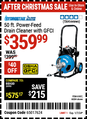 Buy the PACIFIC HYDROSTAR 50 ft. Power-Feed Drain Cleaner with GFCI (Item 68284/61857) for $359.99, valid through 1/7/24.
