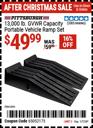 Buy the PITTSBURGH AUTOMOTIVE 13000 lb. Portable Vehicle Ramp Set (Item 63956) for $49.99, valid through 1/7/24.