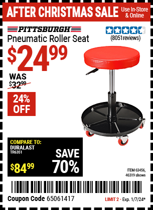 Buy the PITTSBURGH AUTOMOTIVE Pneumatic Roller Seat (Item 46319/63456) for $24.99, valid through 1/7/24.