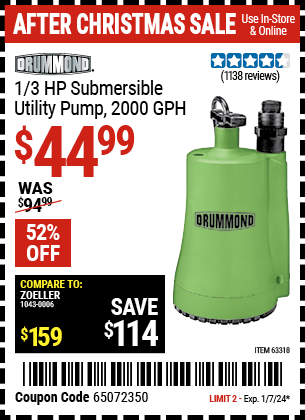 Buy the DRUMMOND 1/3 HP Submersible Utility Pump 2000 GPH (Item 63318) for $44.99, valid through 1/7/24.