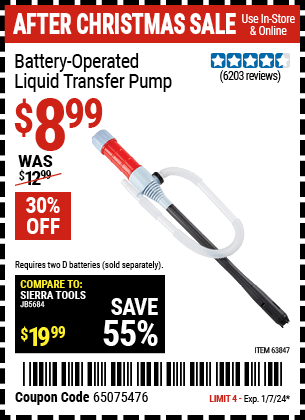 Buy the Battery-Operated Liquid Transfer Pump (Item 63847) for $8.99, valid through 1/7/24.