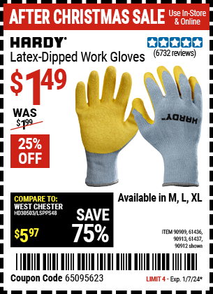 Buy the HARDY Latex Coated Work Gloves Large (Item 90912) for $1.49, valid through 1/7/24.