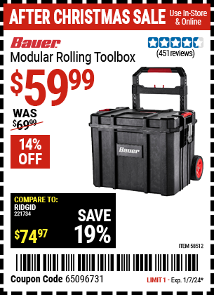 Buy the BAUER Modular Rolling Tool Box (Item 58512) for $59.99, valid through 1/7/24.
