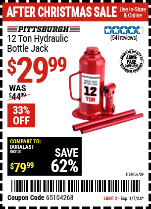 Buy the PITTSBURGH 12 Ton Hydraulic Bottle Jack (Item 56739) for $29.99, valid through 1/7/24.
