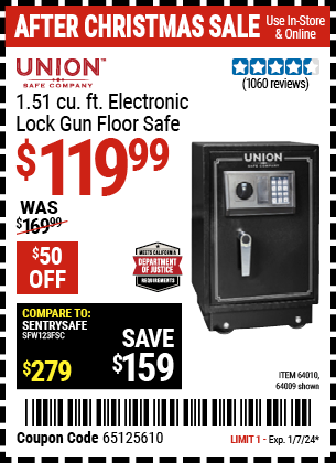 Buy the UNION SAFE COMPANY 1.51 cu. ft. Electronic Lock Gun Floor Safe (Item 64009/64010) for $119.99, valid through 1/7/24.