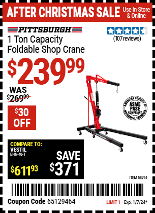Buy the PITTSBURGH1 Ton Capacity Foldable Shop Crane (Item 58794) for $239.99, valid through 1/7/24.