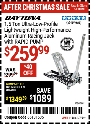 Buy the DAYTONA 1.5 ton Ultra Low Profile High Performance Aluminum Racing Jack with RAPID PUMP (Item 58811) for $259.99, valid through 1/7/24.