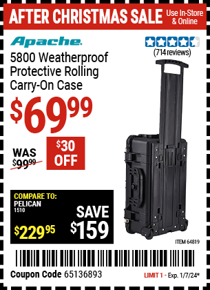 Buy the APACHE 5800 Weatherproof Protective Rolling Carry-On Case (X-Large) (Item 64819) for $69.99, valid through 1/7/24.