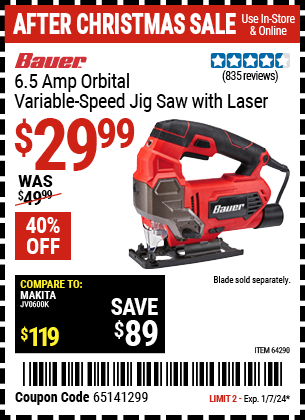 Buy the BAUER 6.5 Amp Heavy Duty Tool-Free Variable Speed Orbital Jig Saw With Laser (Item 64290) for $29.99, valid through 1/7/24.