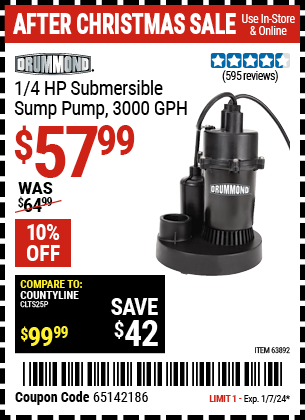 Buy the DRUMMOND 1/4 HP Submersible Sump Pump 3000 GPH (Item 63892) for $57.99, valid through 1/7/24.