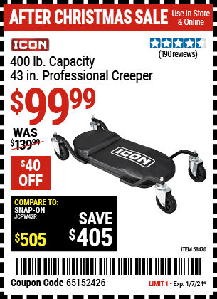 Buy the ICON 43 in. Professional Creeper (Item 58470) for $99.99, valid through 1/7/24.