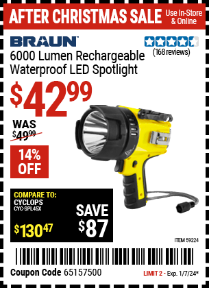 Buy the BRAUN 6000 Lumen Rechargeable Waterproof LED Spotlight (Item 59224) for $42.99, valid through 1/7/24.