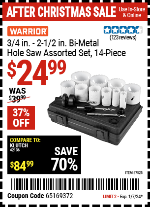 Buy the WARRIOR 3/4 in. — 2-1/2 in. Bi-Metal Hole Saw Assorted Set (Item 57525) for $24.99, valid through 1/7/24.