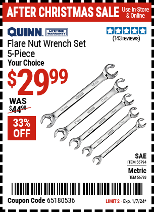 Buy the QUINN Metric Flare Nut Wrench Set (Item 56793) for $29.99, valid through 1/7/24.
