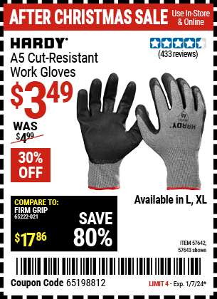 Buy the HARDY A5 Cut Resistant Work Gloves Large (Item 57643) for $3.49, valid through 1/7/24.