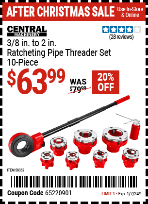 Buy the CENTRAL MACHINERY 3/8 in. to 2 in. Ratcheting Pipe Threader Set, 10-Piece (Item 58352) for $63.99, valid through 1/7/24.