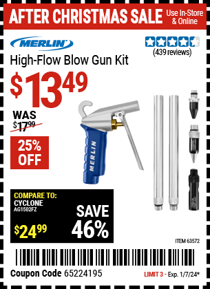 Buy the MERLIN High Flow Blow Gun Kit (Item 63572) for $13.49, valid through 1/7/24.