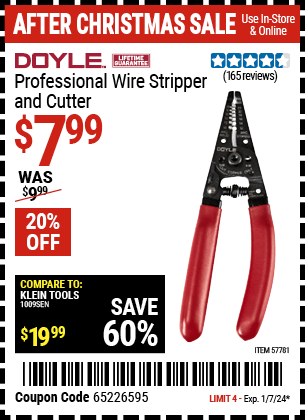 Buy the DOYLE Professional Wire Stripper And Cutter (Item 57781) for $7.99, valid through 1/7/24.