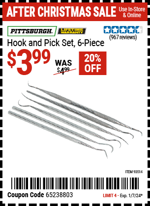 Buy the PITTSBURGH Hook & Pick Set 6 Pc. (Item 93514) for $3.99, valid through 1/7/24.