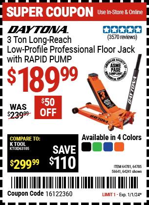 Buy the DAYTONA 3 Ton Long-Reach Low-Profile Professional Floor Jack with RAPID PUMP (Item 56641/64241/64781/64785) for $189.99, valid through 1/1/24.