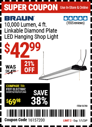 Buy the BRAUN 10,000 Lumen 4 ft. Linkable Diamond Plate LED Hanging Shop Light (Item 56780) for $42.99, valid through 1/1/24.