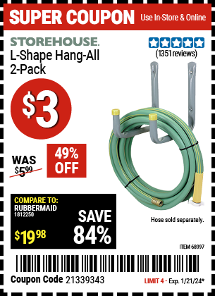 Buy the STOREHOUSE L-Shape Hang-All 2 Pk. (Item 68997) for $3, valid through 1/21/24.