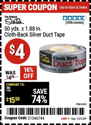 Buy the STIKTEK 50 Yds. x 1.88 in. Cloth Back Silver Duct Tape (Item 63242) for $4, valid through 1/21/24.