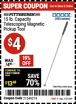 Buy the PITTSBURGH AUTOMOTIVE 15 Lbs. Capacity Telescoping Magnetic Pickup Tool (Item 64656/95933) for $4, valid through 1/21/24.