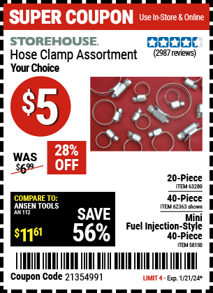 Buy the STOREHOUSE Large Hose Clamp Assortment 20 Pc. (Item 63280/62363/58150) for $5, valid through 1/21/24.