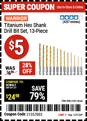 Buy the WARRIOR Titanium Hex Shank Drill Bit Set, 13 Pc. (Item 61621/1800) for $5, valid through 1/21/24.