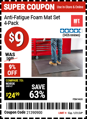 Buy the HFT Anti-Fatigue Foam Mat Set 4 Pc. (Item 94635) for $9, valid through 1/21/24.