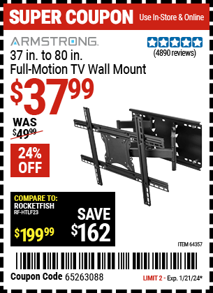 Buy the ARMSTRONG 37 in. to 80 in. Full-Motion TV Wall Mount (Item 64357) for $37.99, valid through 1/21/24.