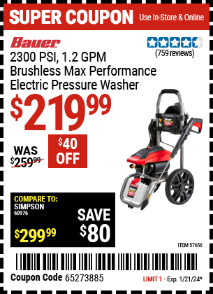 Buy the BAUER 2300 PSI 1.2 GPM Brushless Max Performance Electric Pressure Washer (Item 57656) for $219.99, valid through 1/21/24.