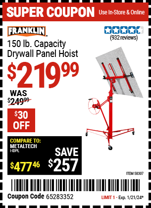 Buy the FRANKLIN 150 lb. Capacity Drywall Panel Hoist (Item 58307) for $219.99, valid through 1/21/24.