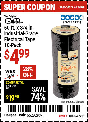 Buy the STIKTEK 3/4 In x 60 ft. Industrial Grade Electrical Tape 10 Pk. (Item 63312/64836) for $4.99, valid through 1/21/24.
