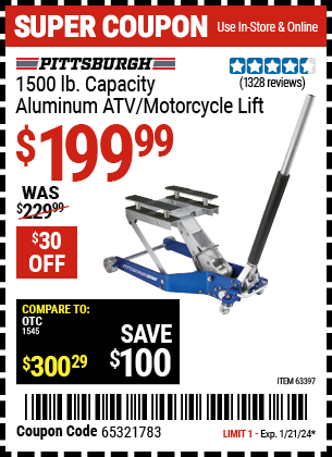 Buy the PITTSBURGH AUTOMOTIVE 1500 lb. Capacity ATV / Motorcycle Lift. (Item 63397) for $199.99, valid through 1/21/24.