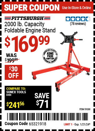 Buy the PITTSBURGH 2000 lb. Capacity Foldable Engine Stand (Item 59200) for $169.99, valid through 1/21/24.