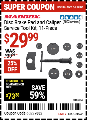 Buy the MADDOX Disc Brake Pad and Caliper Service Tool Kit 11 Pc. (Item 63264) for $29.99, valid through 1/21/24.