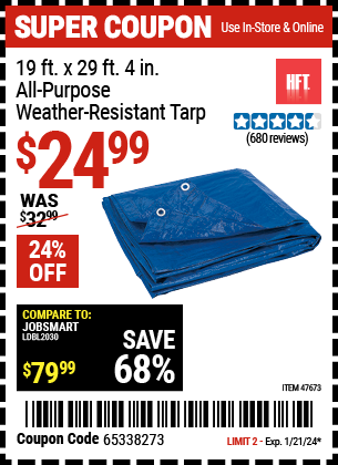 Buy the HFT 19 ft. x 29 ft. 4 in. Blue All Purpose/Weather Resistant Tarp (Item 47673) for $24.99, valid through 1/21/24.