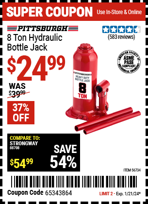 Buy the PITTSBURGH 8 Ton Hydraulic Bottle Jack (Item 56734) for $24.99, valid through 1/21/24.