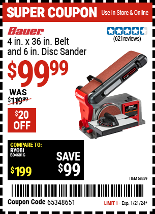 Buy the BAUER 4 in. X 36 in. Belt And 6 in. Disc Sander (Item 58339) for $99.99, valid through 1/21/24.