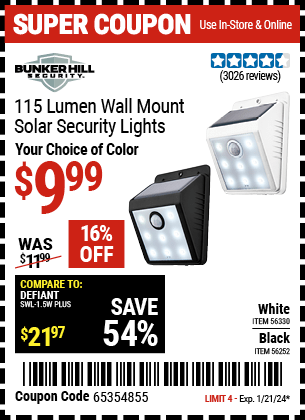 Buy the BUNKER HILL SECURITY Wall Mount Security Light (Item 56252/56330) for $9.99, valid through 1/21/24.