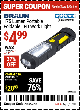 Buy the BRAUN Portable Folding LED Work Light (Item 63930) for $4.99, valid through 1/21/24.