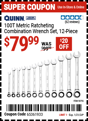 Buy the QUINN 100 Tooth Metric Ratcheting Combination Wrench Set, 12 Piece (Item 58756) for $79.99, valid through 1/21/24.