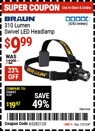 Buy the BRAUN 310 Lumen Swivel LED Headlamp (Item 59336) for $9.99, valid through 1/21/24.