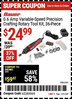 Buy the BAUER Variable Speed Precision Crafting Rotary Tool (Item 57001) for $24.99, valid through 1/21/24.