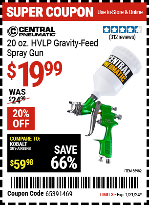 Buy the CENTRAL PNEUMATIC 20 Oz. HVLP Gravity Feed Spray Gun (Item 56982) for $19.99, valid through 1/21/24.